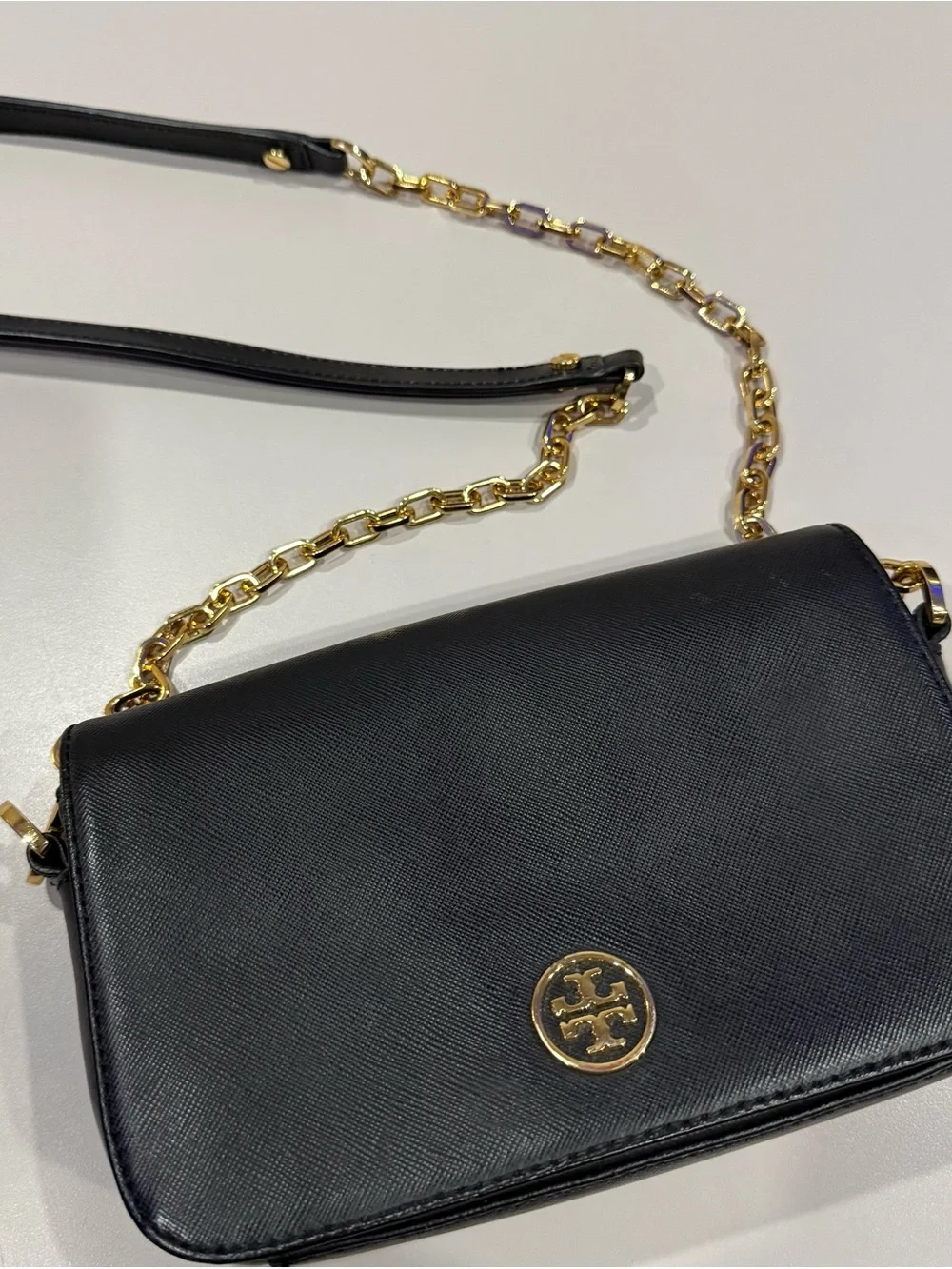 Tory Burch Robinson Mini Black Leather Bag with gold chain & hardware.